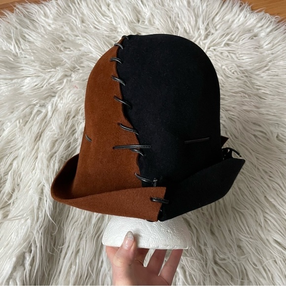 Christine A. Moore Colorblock Brown Black Felt Leather Whipstitch Hat One Size - Picture 3 of 8